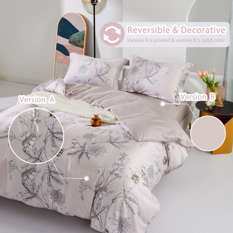 MILDLY 100% Long-Staple Cotton Duvet Cover Set Light Pink Elegant Floral Pattern Printed Comforter Cover 3pcs, Ultra Soft & Breathable Bedding Set - Image 3